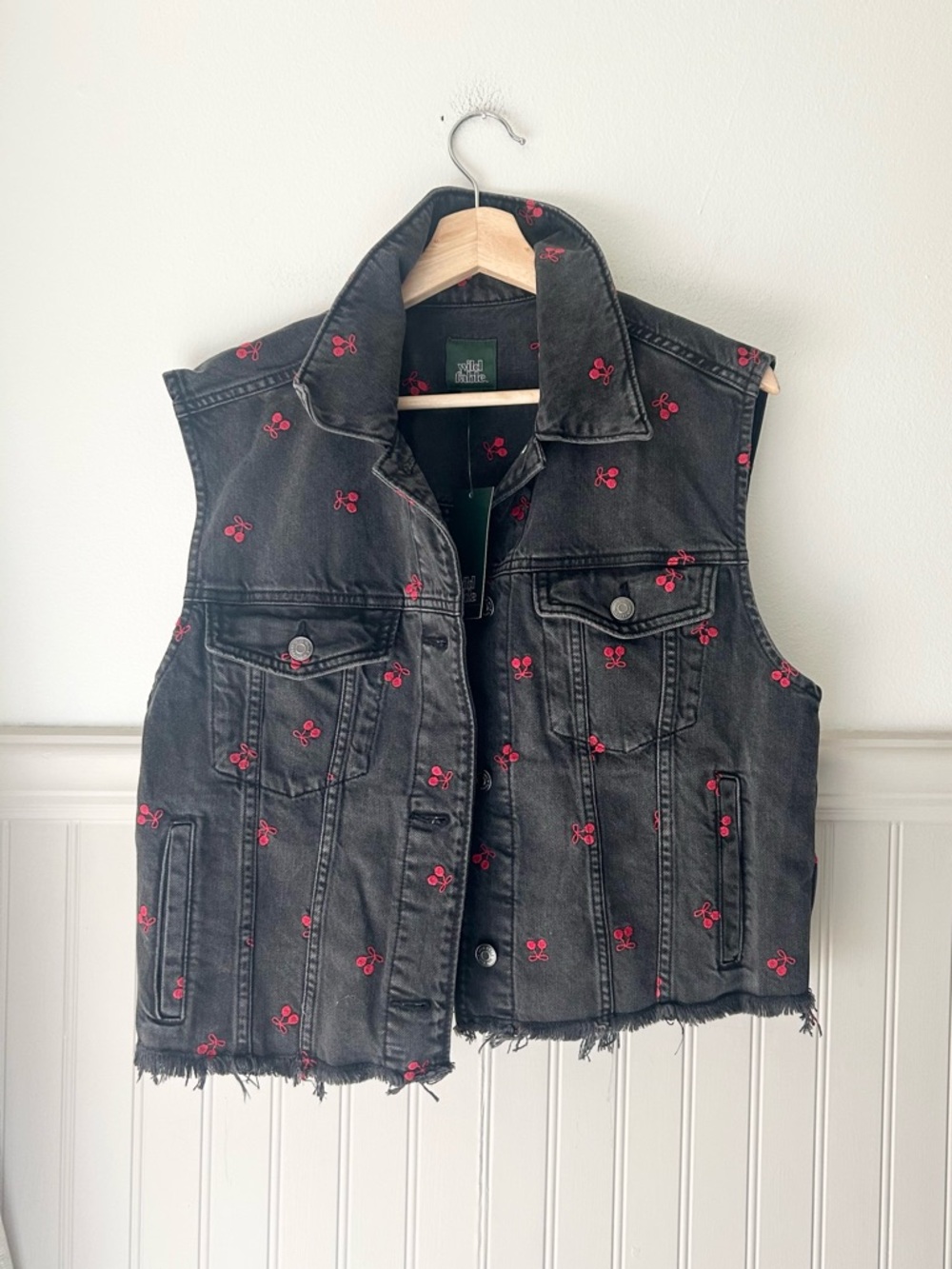 ⭐️ NEW wild fable Small Black Denim Oversized Trucker Vest Red Cherry Embroidery